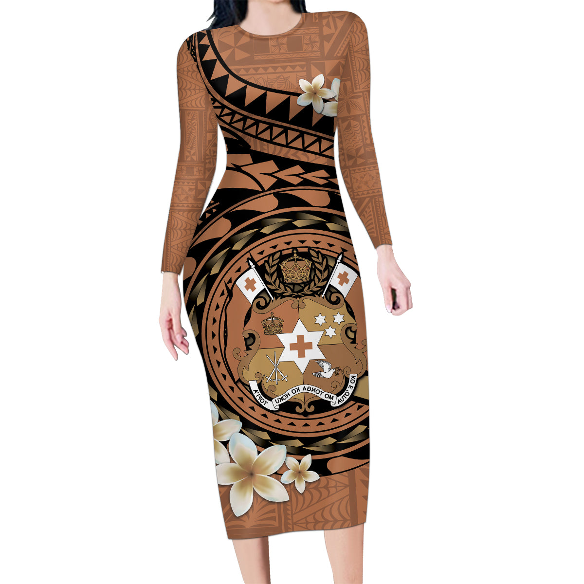 Personalised Tonga Emancipation Day Family Matching Long Sleeve Bodycon Dress and Hawaiian Shirt Tongan Ngatu Pattern - Brown Version LT14 Mom's Dress Brown - Polynesian Pride
