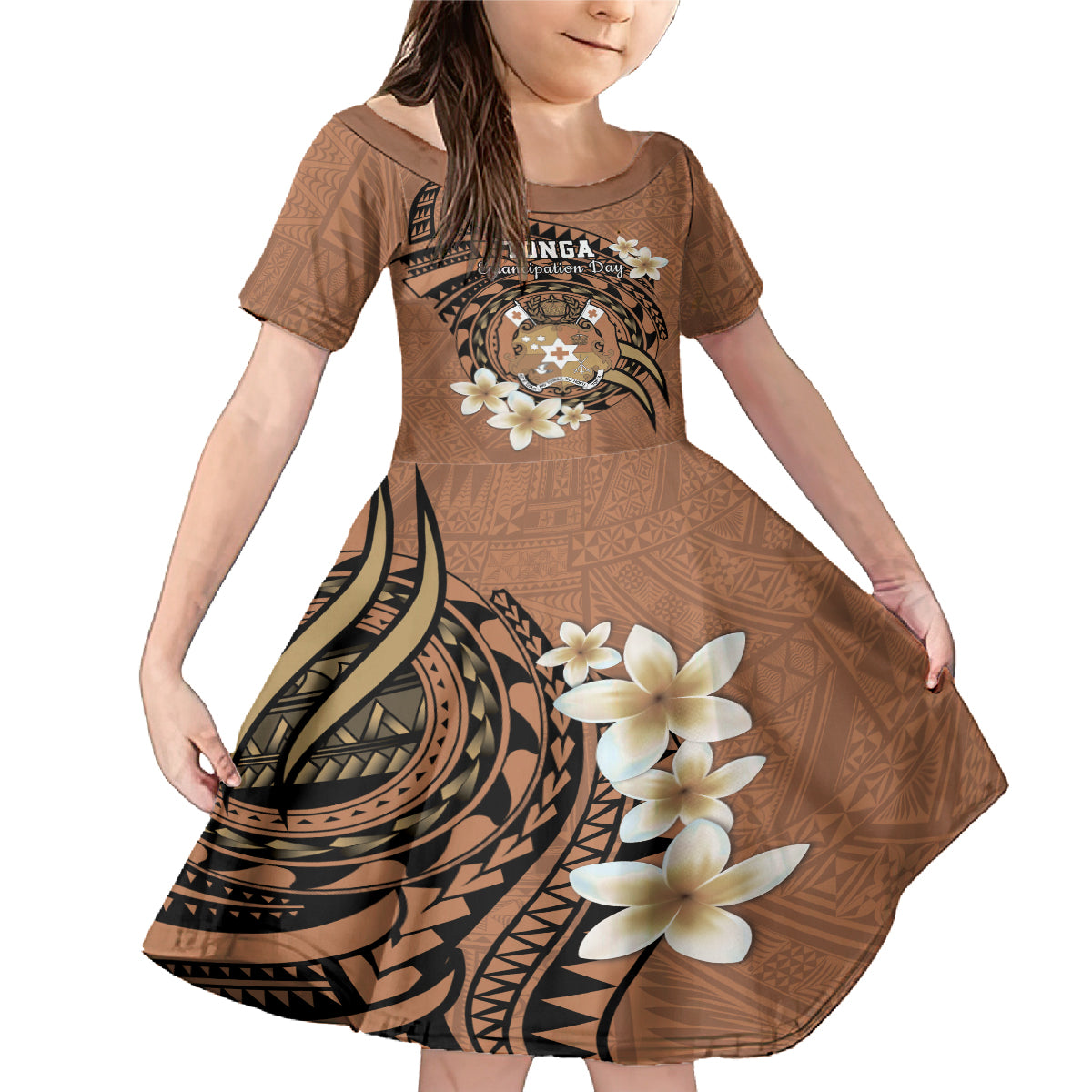 Personalised Tonga Emancipation Day Family Matching Mermaid Dress and Hawaiian Shirt Tongan Ngatu Pattern - Brown Version LT14 Daughter's Dress Brown - Polynesian Pride