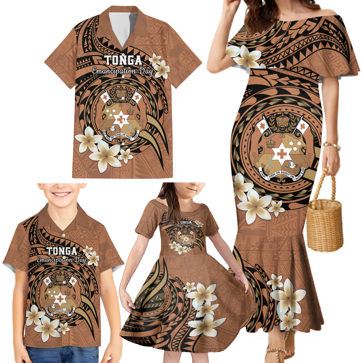 Personalised Tonga Emancipation Day Family Matching Mermaid Dress and Hawaiian Shirt Tongan Ngatu Pattern - Brown Version LT14 - Polynesian Pride