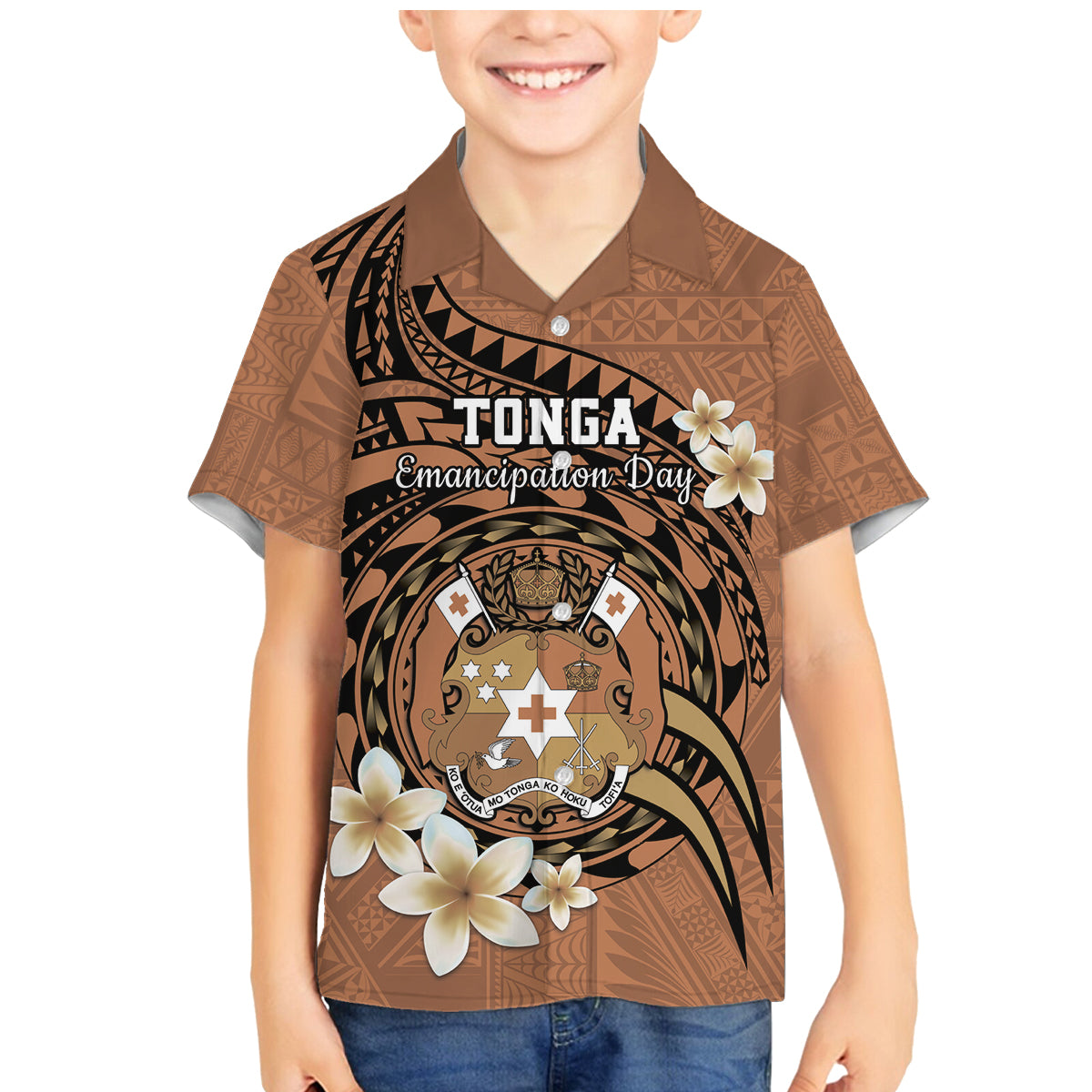 Personalised Tonga Emancipation Day Family Matching Mermaid Dress and Hawaiian Shirt Tongan Ngatu Pattern - Brown Version LT14 Son's Shirt Brown - Polynesian Pride