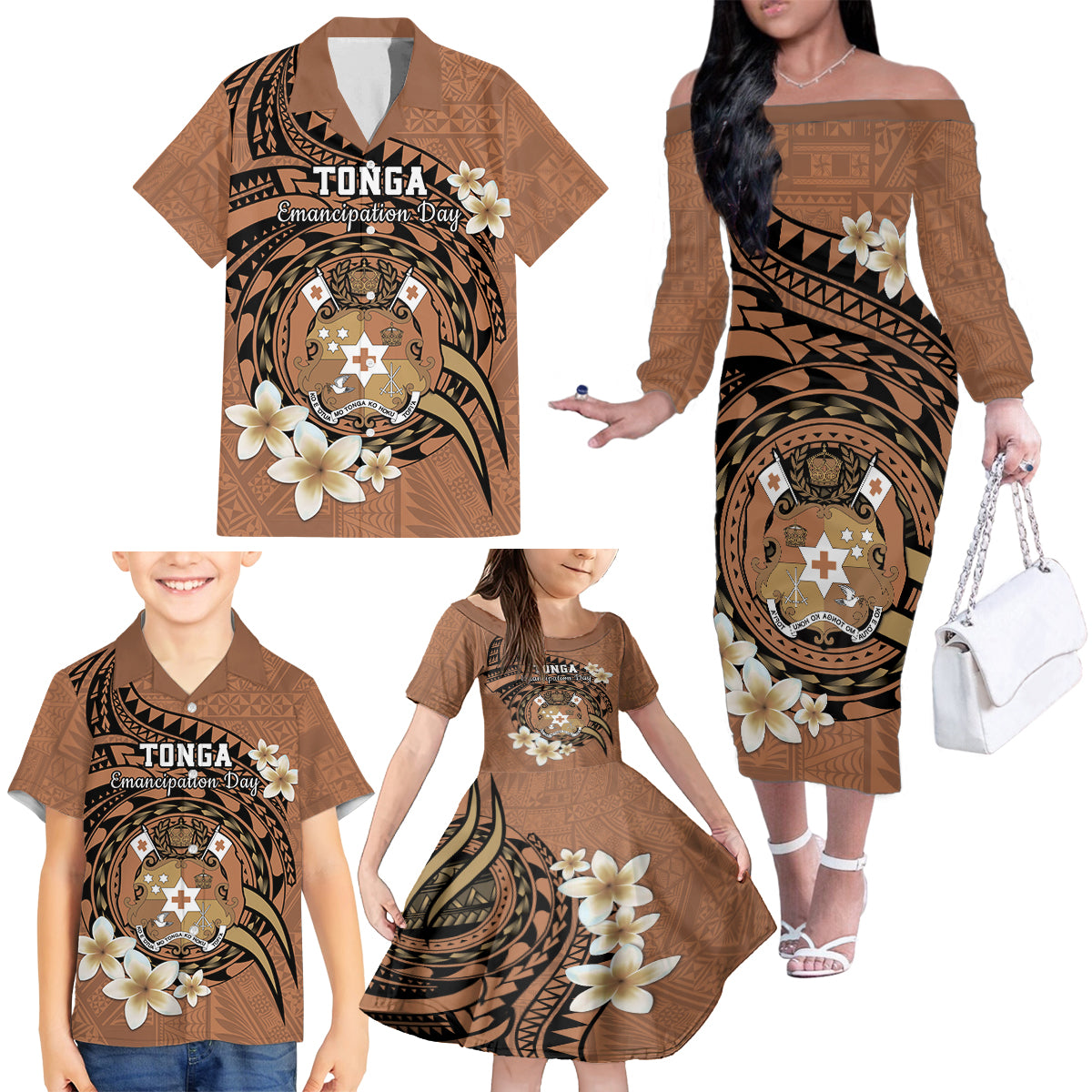 Personalised Tonga Emancipation Day Family Matching Off The Shoulder Long Sleeve Dress and Hawaiian Shirt Tongan Ngatu Pattern - Brown Version LT14 - Polynesian Pride