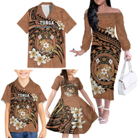 Personalised Tonga Emancipation Day Family Matching Off The Shoulder Long Sleeve Dress and Hawaiian Shirt Tongan Ngatu Pattern - Brown Version LT14 - Polynesian Pride