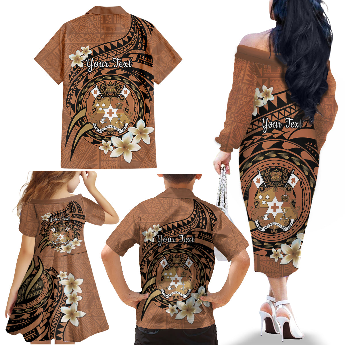 Personalised Tonga Emancipation Day Family Matching Off The Shoulder Long Sleeve Dress and Hawaiian Shirt Tongan Ngatu Pattern - Brown Version LT14 - Polynesian Pride