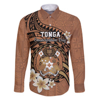 Personalised Tonga Emancipation Day Family Matching Off The Shoulder Long Sleeve Dress and Hawaiian Shirt Tongan Ngatu Pattern - Brown Version LT14 Dad's Shirt - Long Sleeve Brown - Polynesian Pride
