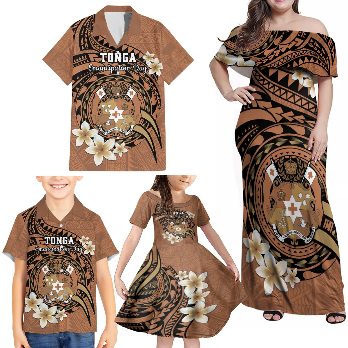 Personalised Tonga Emancipation Day Family Matching Off Shoulder Maxi Dress and Hawaiian Shirt Tongan Ngatu Pattern - Brown Version LT14 - Polynesian Pride