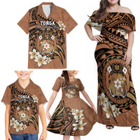 Personalised Tonga Emancipation Day Family Matching Off Shoulder Maxi Dress and Hawaiian Shirt Tongan Ngatu Pattern - Brown Version LT14 - Polynesian Pride