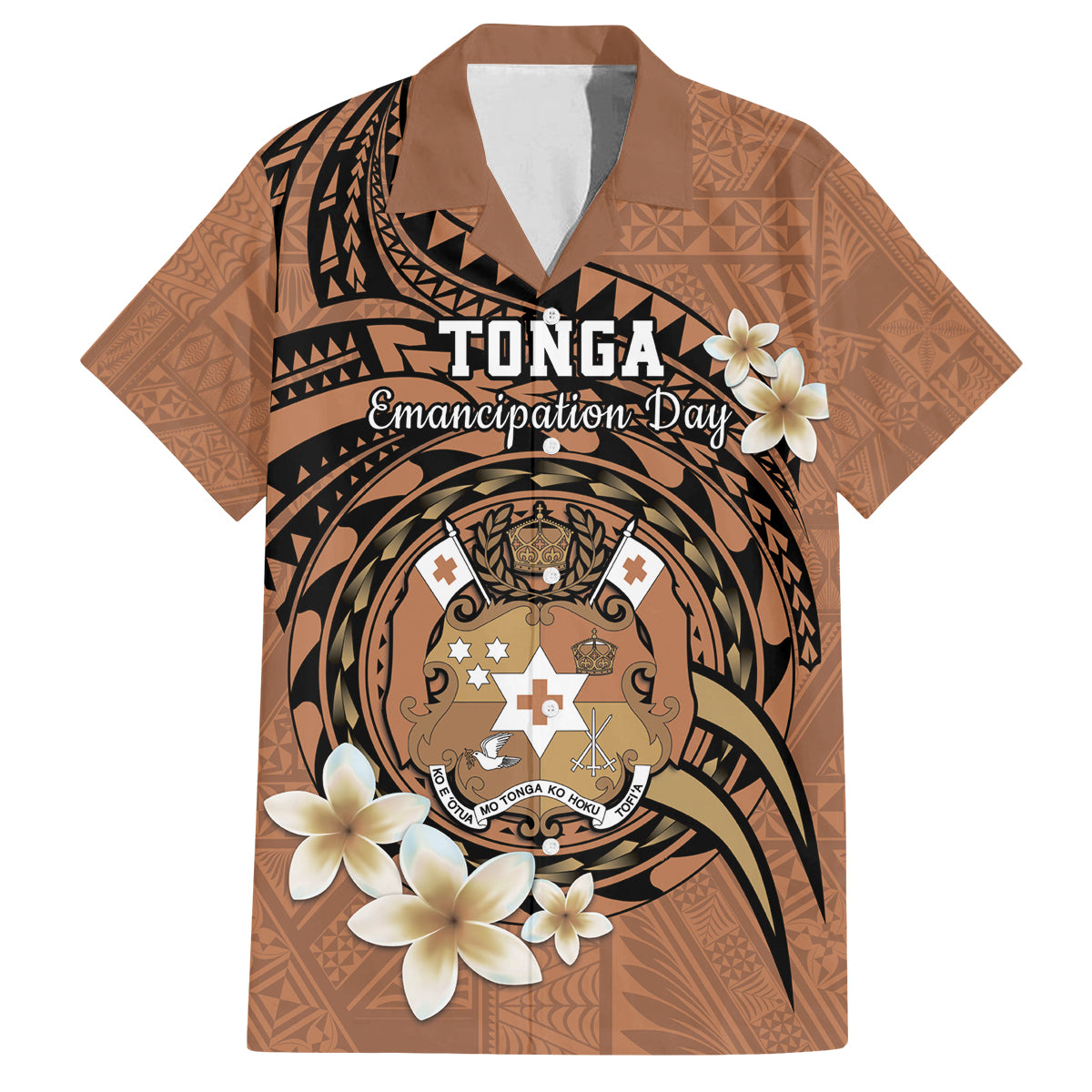 Personalised Tonga Emancipation Day Family Matching Off Shoulder Maxi Dress and Hawaiian Shirt Tongan Ngatu Pattern - Brown Version LT14 Dad's Shirt - Short Sleeve Brown - Polynesian Pride