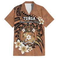 Personalised Tonga Emancipation Day Family Matching Off Shoulder Maxi Dress and Hawaiian Shirt Tongan Ngatu Pattern - Brown Version LT14 Dad's Shirt - Short Sleeve Brown - Polynesian Pride