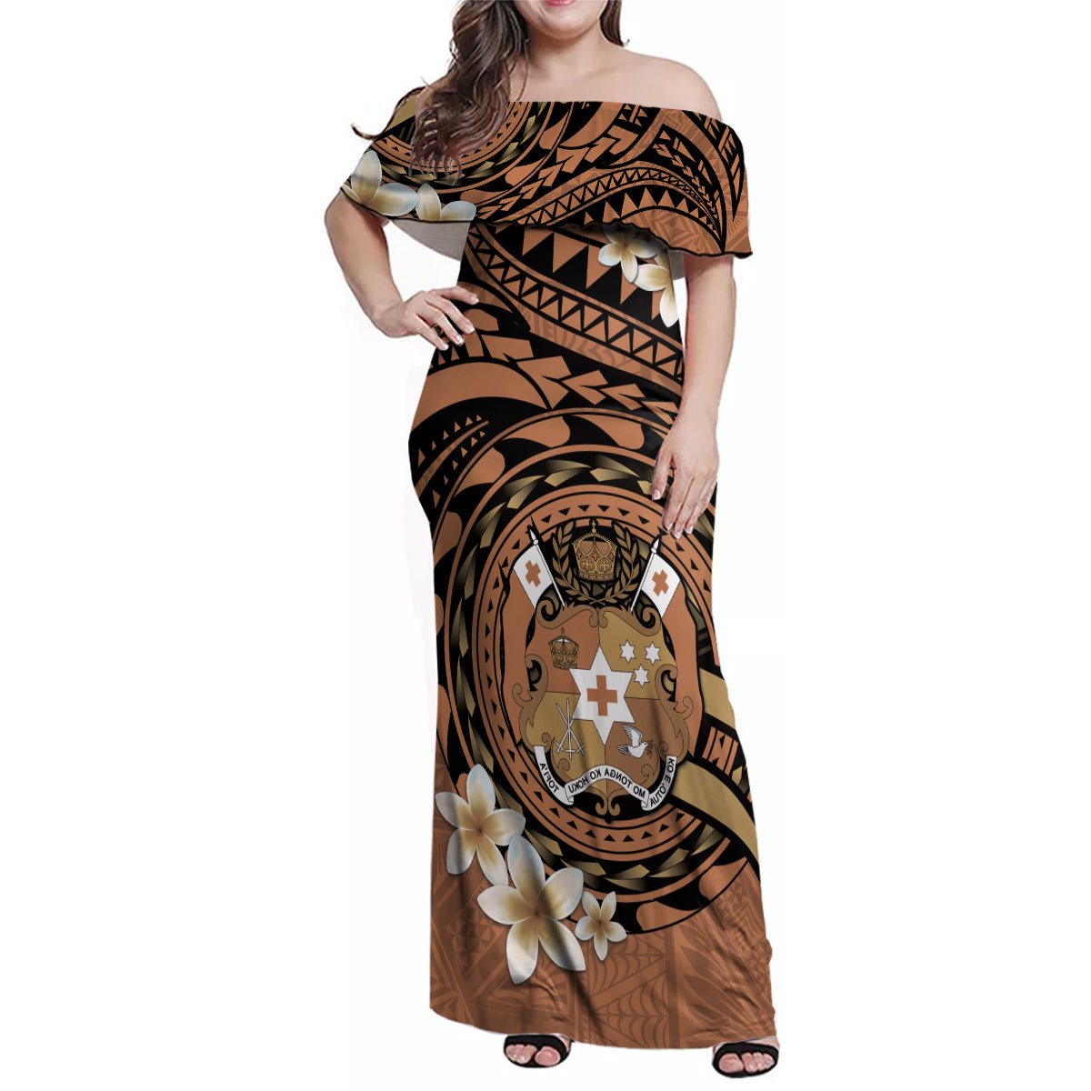 Personalised Tonga Emancipation Day Family Matching Off Shoulder Maxi Dress and Hawaiian Shirt Tongan Ngatu Pattern - Brown Version LT14 Mom's Dress Brown - Polynesian Pride