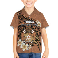 Personalised Tonga Emancipation Day Family Matching Off Shoulder Maxi Dress and Hawaiian Shirt Tongan Ngatu Pattern - Brown Version LT14 Son's Shirt Brown - Polynesian Pride