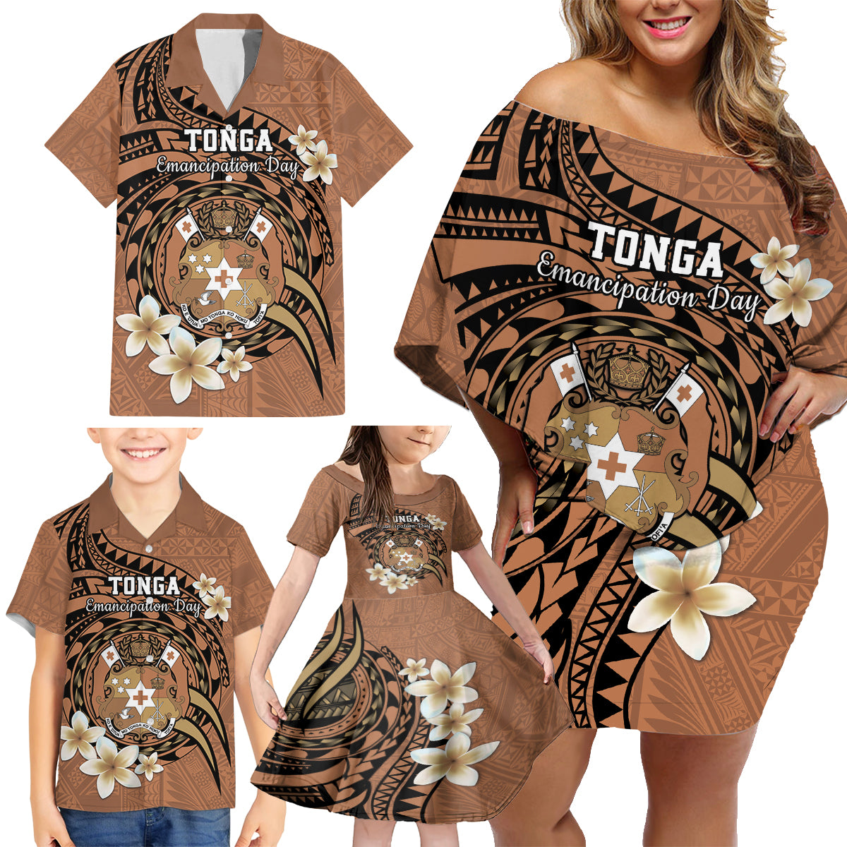 Personalised Tonga Emancipation Day Family Matching Off Shoulder Short Dress and Hawaiian Shirt Tongan Ngatu Pattern - Brown Version LT14 - Polynesian Pride
