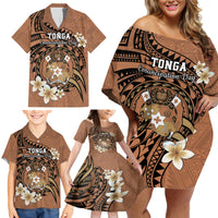 Personalised Tonga Emancipation Day Family Matching Off Shoulder Short Dress and Hawaiian Shirt Tongan Ngatu Pattern - Brown Version LT14 - Polynesian Pride