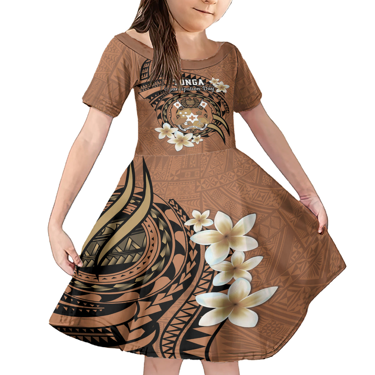 Personalised Tonga Emancipation Day Family Matching Short Sleeve Bodycon Dress and Hawaiian Shirt Tongan Ngatu Pattern - Brown Version LT14 Daughter's Dress Brown - Polynesian Pride