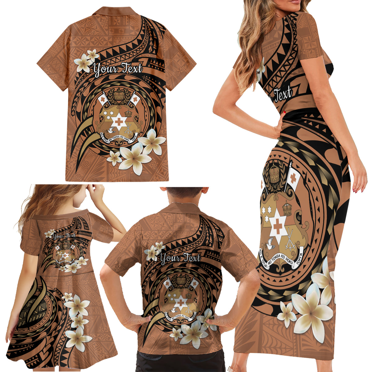 Personalised Tonga Emancipation Day Family Matching Short Sleeve Bodycon Dress and Hawaiian Shirt Tongan Ngatu Pattern - Brown Version LT14 - Polynesian Pride