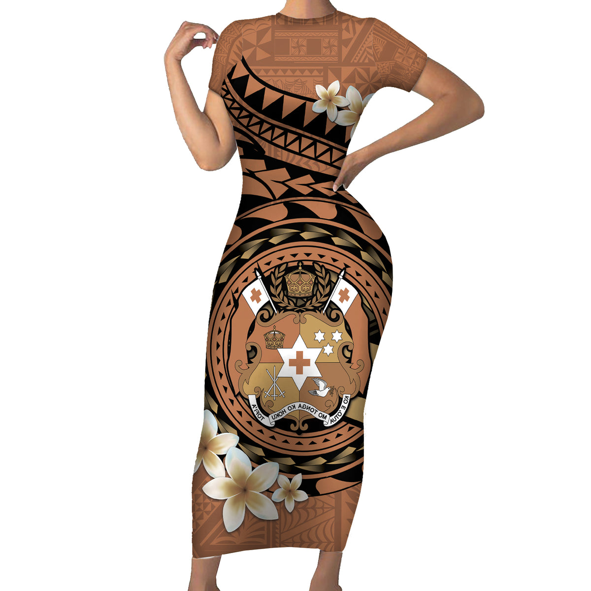 Personalised Tonga Emancipation Day Family Matching Short Sleeve Bodycon Dress and Hawaiian Shirt Tongan Ngatu Pattern - Brown Version LT14 Mom's Dress Brown - Polynesian Pride
