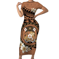 Personalised Tonga Emancipation Day Family Matching Short Sleeve Bodycon Dress and Hawaiian Shirt Tongan Ngatu Pattern - Brown Version LT14 Mom's Dress Brown - Polynesian Pride