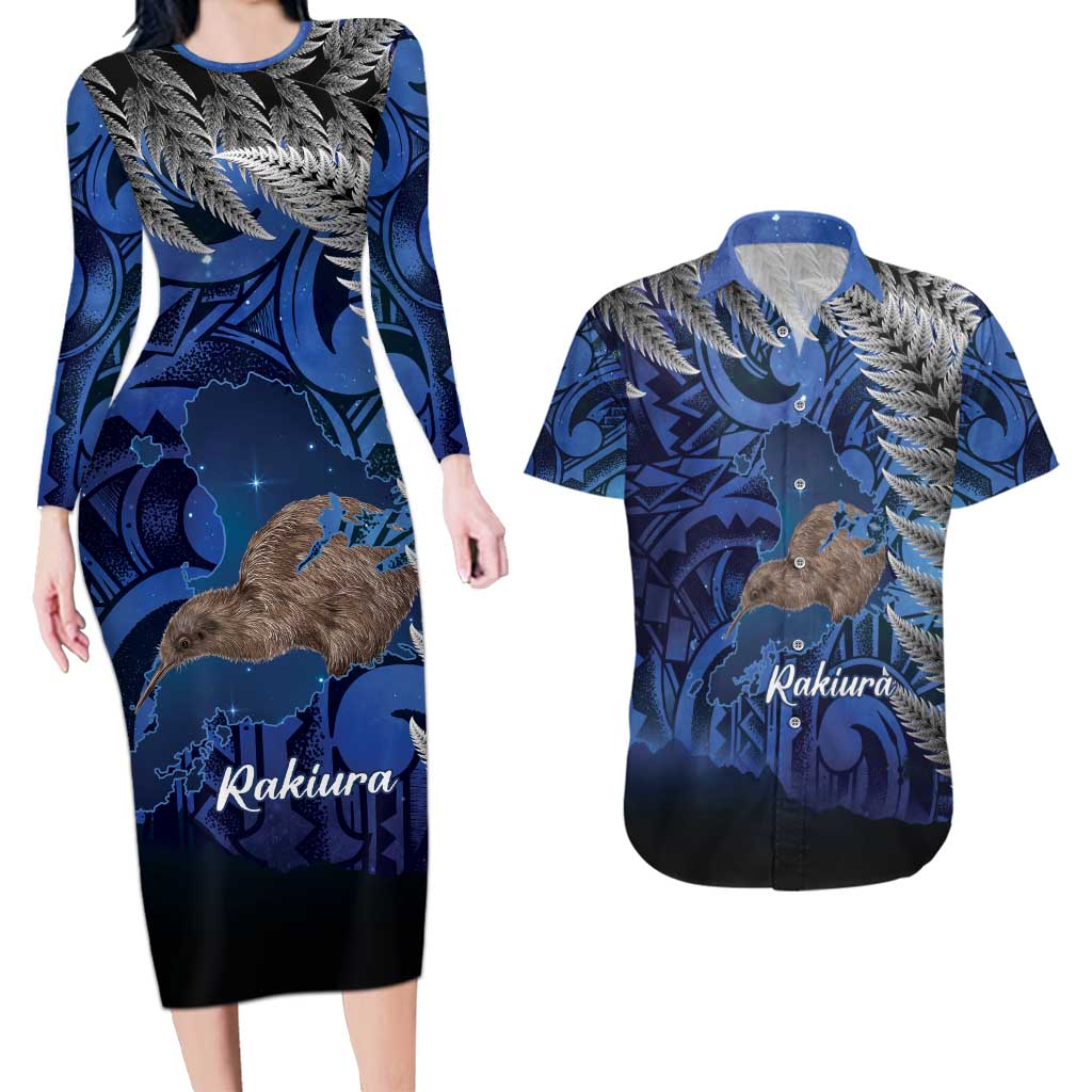 New Zealand Stewart Island Couples Matching Long Sleeve Bodycon Dress and Hawaiian Shirt Rakiura Kiwi Maori Glowing Sky LT14 Blue - Polynesian Pride