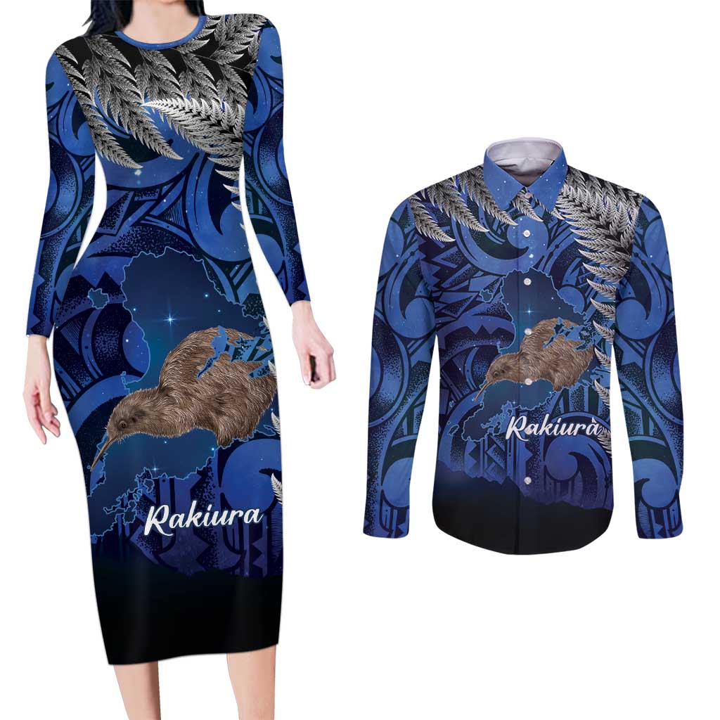 New Zealand Stewart Island Couples Matching Long Sleeve Bodycon Dress and Long Sleeve Button Shirt Rakiura Kiwi Maori Glowing Sky LT14 Blue - Polynesian Pride