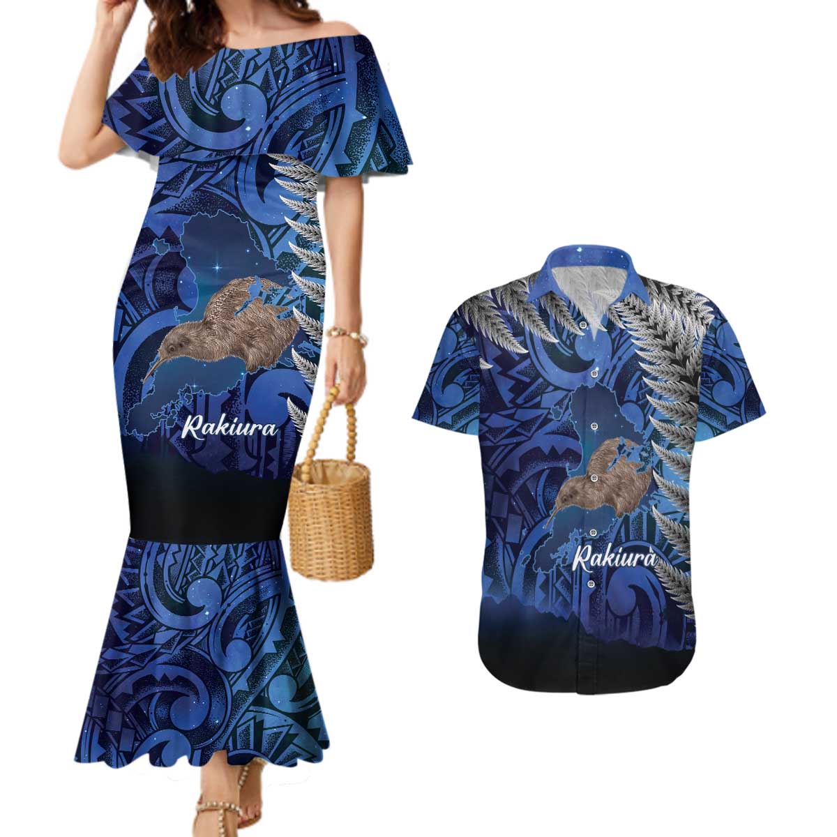 New Zealand Stewart Island Couples Matching Mermaid Dress and Hawaiian Shirt Rakiura Kiwi Maori Glowing Sky LT14 Blue - Polynesian Pride