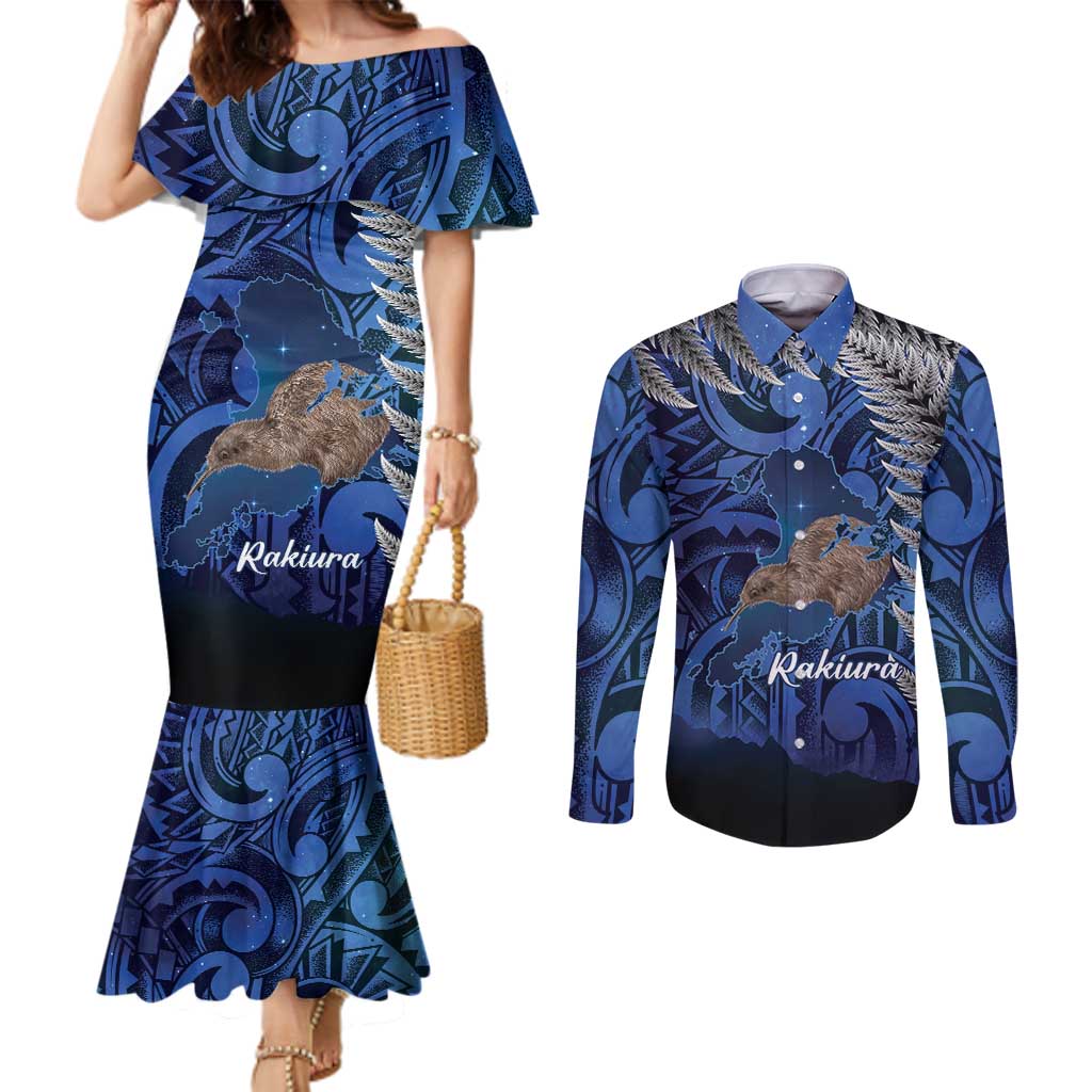 New Zealand Stewart Island Couples Matching Mermaid Dress and Long Sleeve Button Shirt Rakiura Kiwi Maori Glowing Sky LT14 Blue - Polynesian Pride