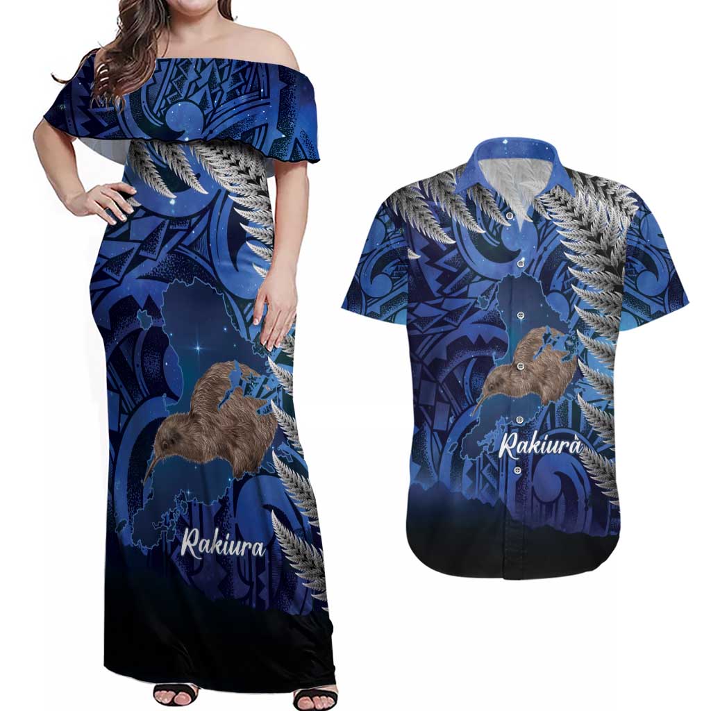 New Zealand Stewart Island Couples Matching Off Shoulder Maxi Dress and Hawaiian Shirt Rakiura Kiwi Maori Glowing Sky LT14 Blue - Polynesian Pride