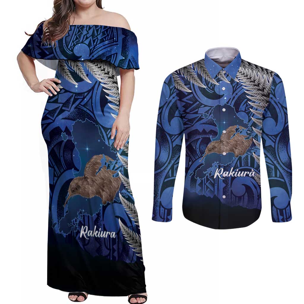 New Zealand Stewart Island Couples Matching Off Shoulder Maxi Dress and Long Sleeve Button Shirt Rakiura Kiwi Maori Glowing Sky LT14 Blue - Polynesian Pride