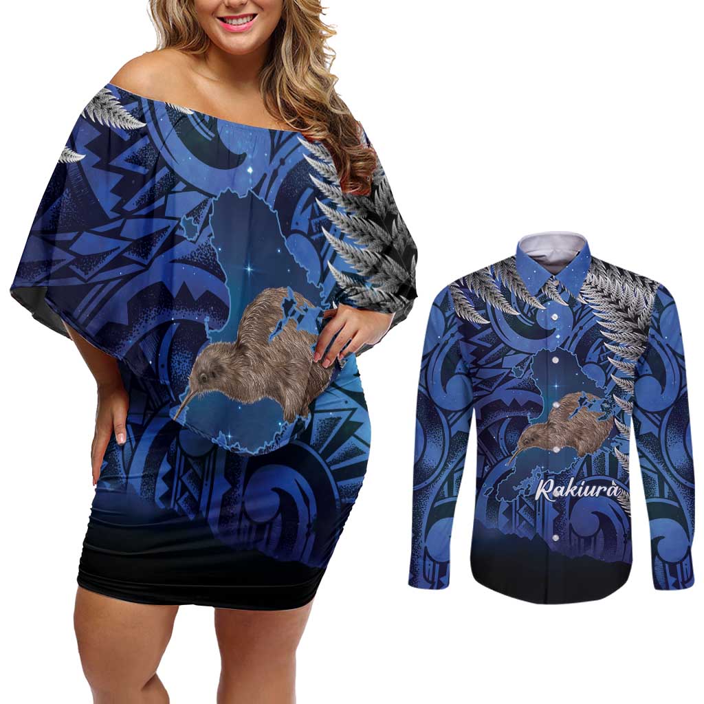 New Zealand Stewart Island Couples Matching Off Shoulder Short Dress and Long Sleeve Button Shirt Rakiura Kiwi Maori Glowing Sky LT14 Blue - Polynesian Pride