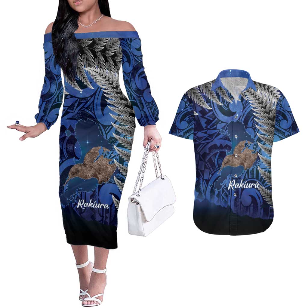New Zealand Stewart Island Couples Matching Off The Shoulder Long Sleeve Dress and Hawaiian Shirt Rakiura Kiwi Maori Glowing Sky LT14 Blue - Polynesian Pride