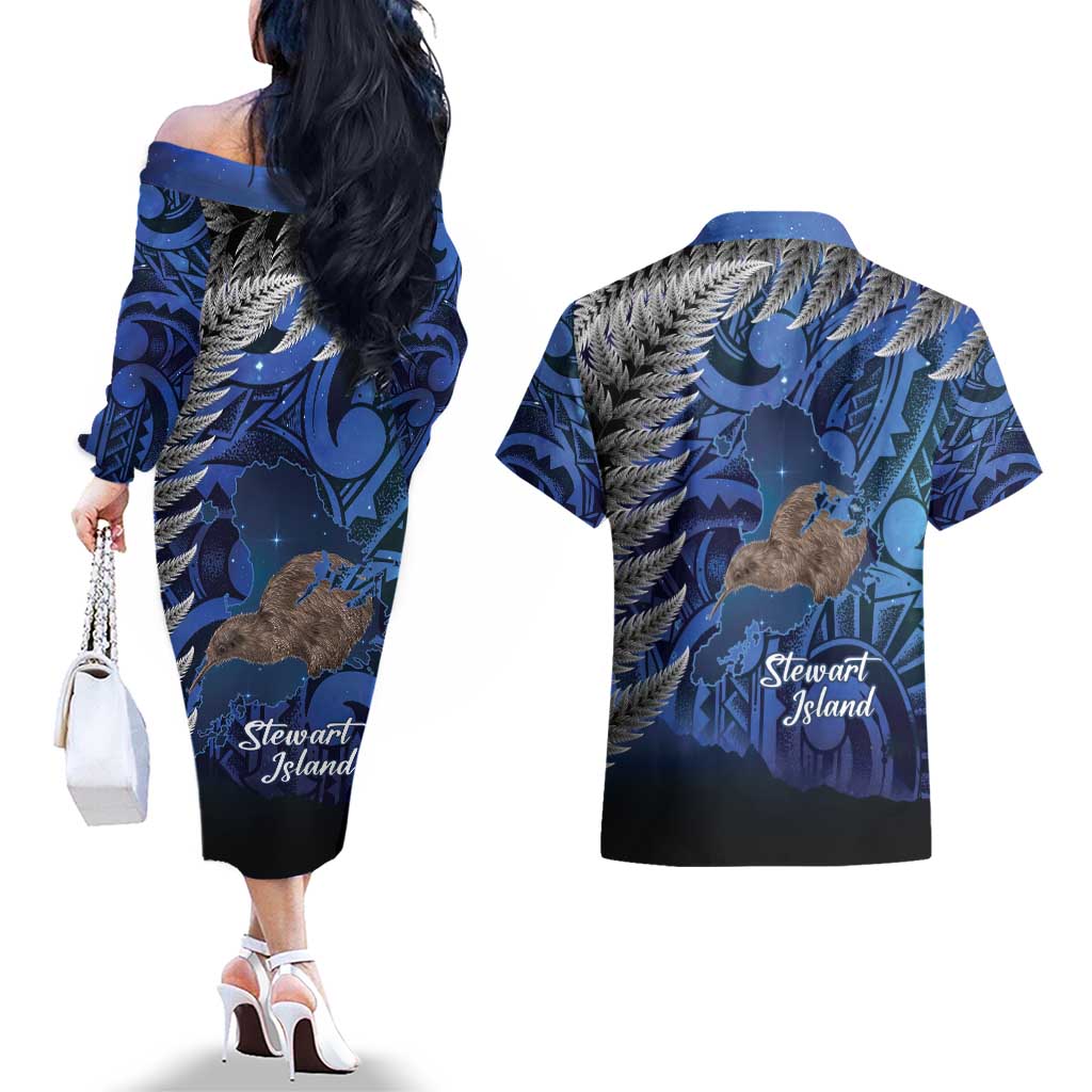 New Zealand Stewart Island Couples Matching Off The Shoulder Long Sleeve Dress and Hawaiian Shirt Rakiura Kiwi Maori Glowing Sky LT14 - Polynesian Pride