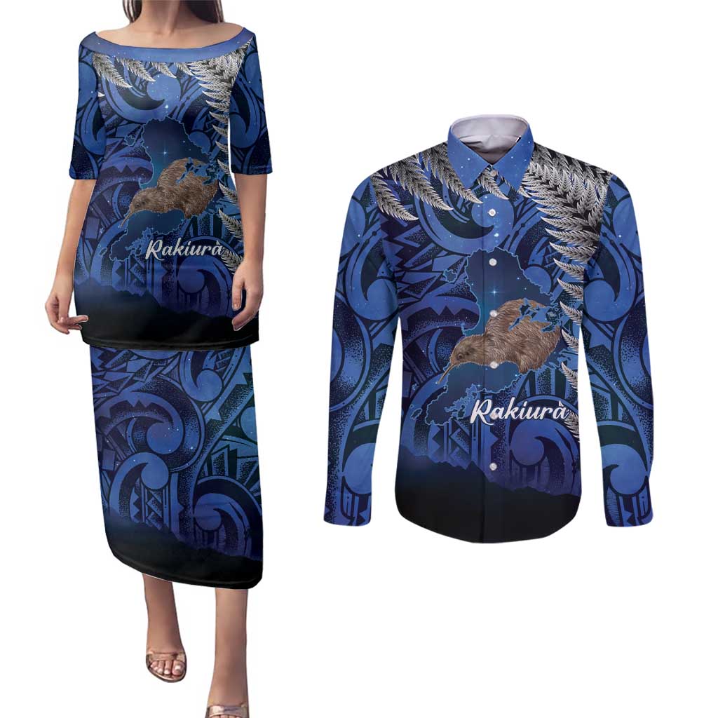 New Zealand Stewart Island Couples Matching Puletasi and Long Sleeve Button Shirt Rakiura Kiwi Maori Glowing Sky LT14 Blue - Polynesian Pride
