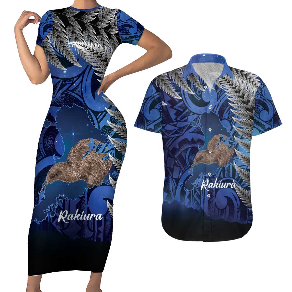New Zealand Stewart Island Couples Matching Short Sleeve Bodycon Dress and Hawaiian Shirt Rakiura Kiwi Maori Glowing Sky LT14 Blue - Polynesian Pride