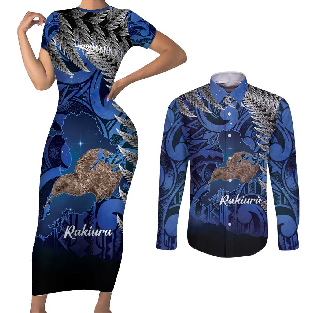 New Zealand Stewart Island Couples Matching Short Sleeve Bodycon Dress and Long Sleeve Button Shirt Rakiura Kiwi Maori Glowing Sky LT14 Blue - Polynesian Pride