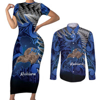 New Zealand Stewart Island Couples Matching Short Sleeve Bodycon Dress and Long Sleeve Button Shirt Rakiura Kiwi Maori Glowing Sky LT14 Blue - Polynesian Pride