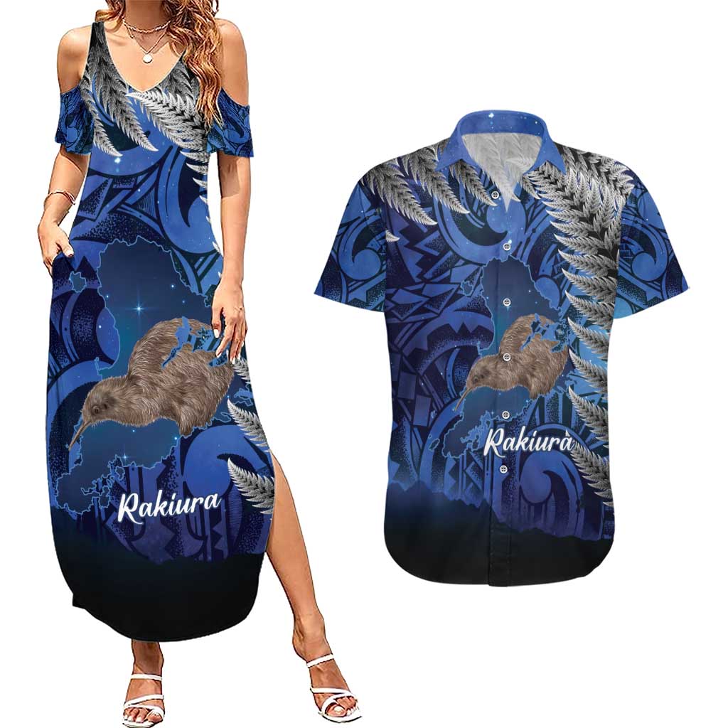 New Zealand Stewart Island Couples Matching Summer Maxi Dress and Hawaiian Shirt Rakiura Kiwi Maori Glowing Sky LT14 Blue - Polynesian Pride