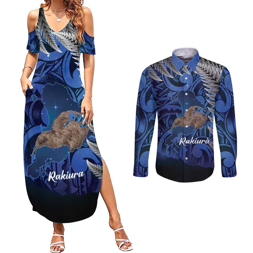 New Zealand Stewart Island Couples Matching Summer Maxi Dress and Long Sleeve Button Shirt Rakiura Kiwi Maori Glowing Sky LT14 Blue - Polynesian Pride