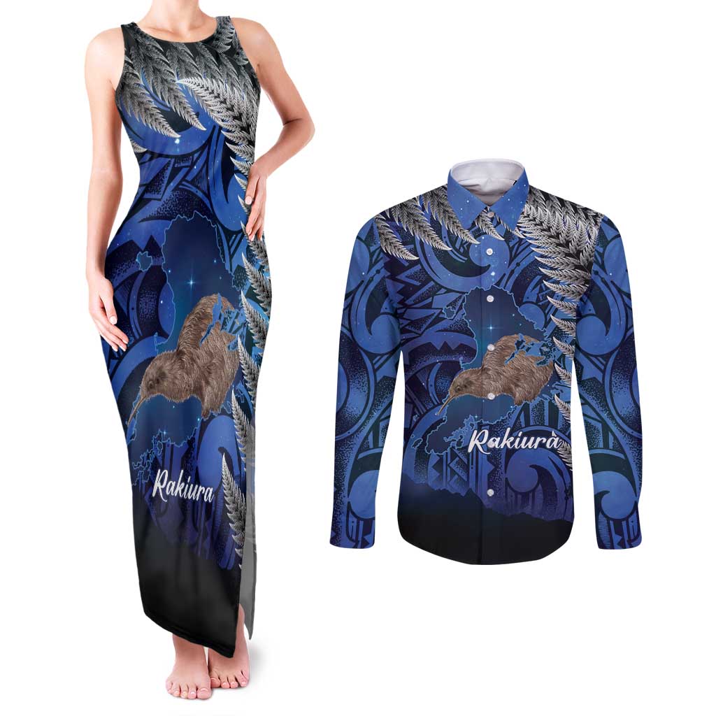 New Zealand Stewart Island Couples Matching Tank Maxi Dress and Long Sleeve Button Shirt Rakiura Kiwi Maori Glowing Sky LT14 Blue - Polynesian Pride