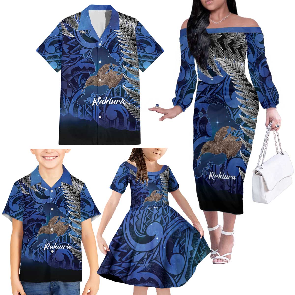 New Zealand Stewart Island Family Matching Off The Shoulder Long Sleeve Dress and Hawaiian Shirt Rakiura Kiwi Maori Glowing Sky LT14 - Polynesian Pride