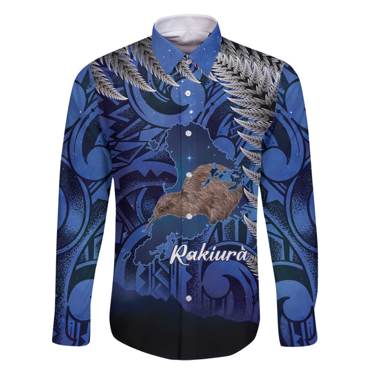 New Zealand Stewart Island Family Matching Off The Shoulder Long Sleeve Dress and Hawaiian Shirt Rakiura Kiwi Maori Glowing Sky LT14 Dad's Shirt - Long Sleeve Blue - Polynesian Pride
