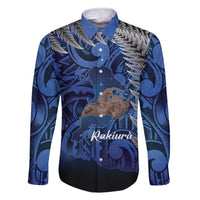 New Zealand Stewart Island Family Matching Off The Shoulder Long Sleeve Dress and Hawaiian Shirt Rakiura Kiwi Maori Glowing Sky LT14 Dad's Shirt - Long Sleeve Blue - Polynesian Pride