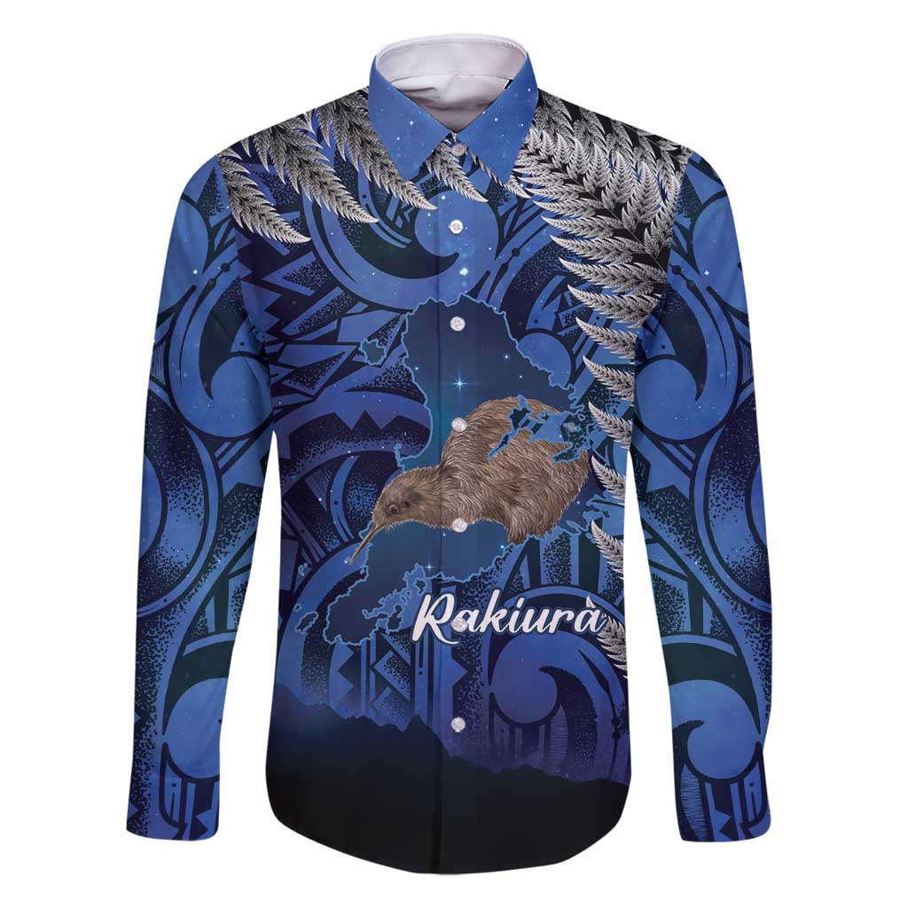 New Zealand Stewart Island Family Matching Tank Maxi Dress and Hawaiian Shirt Rakiura Kiwi Maori Glowing Sky LT14 Dad's Shirt - Long Sleeve Blue - Polynesian Pride