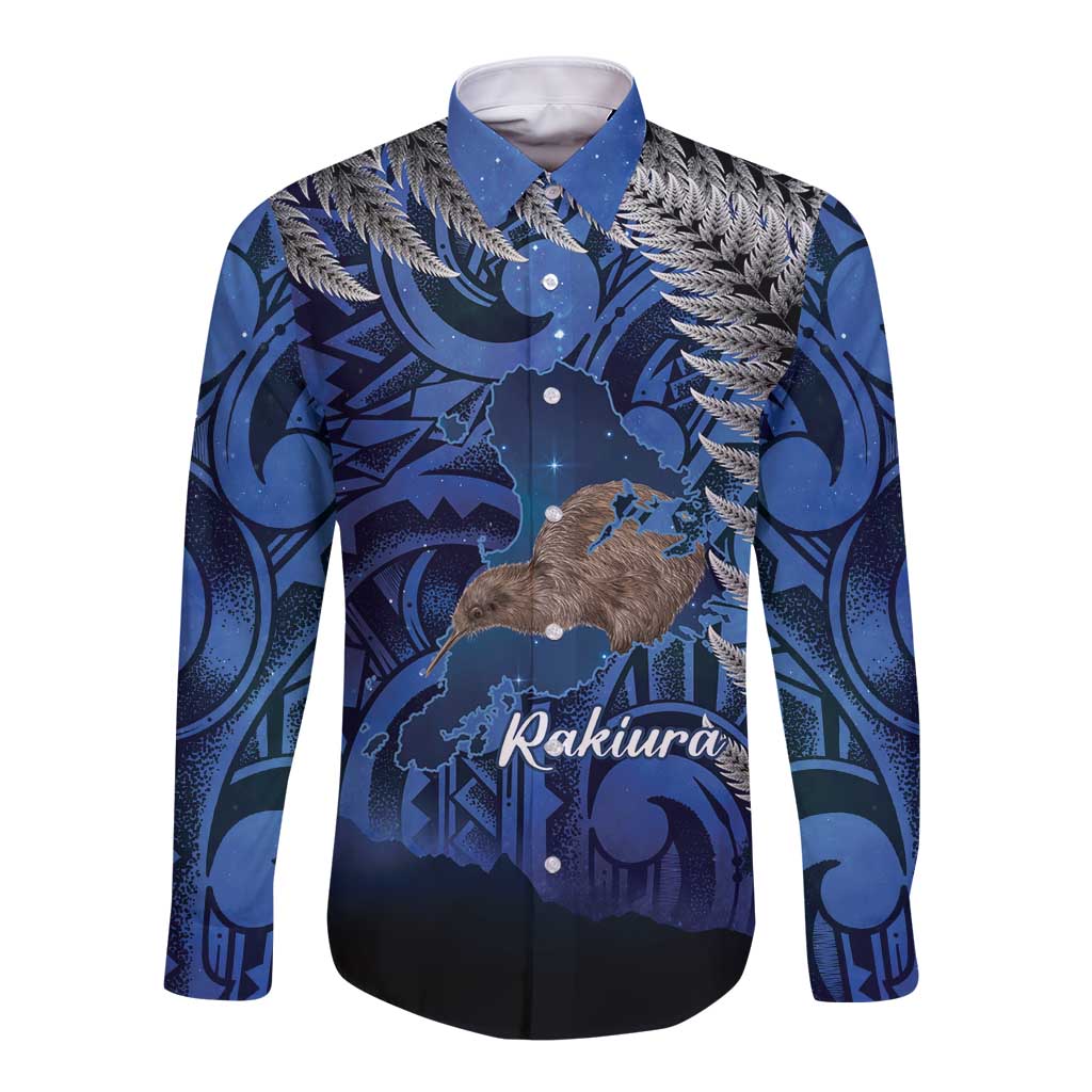 New Zealand Stewart Island Long Sleeve Button Shirt Rakiura Kiwi Maori Glowing Sky LT14 Unisex Blue - Polynesian Pride