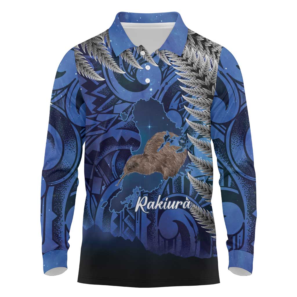 New Zealand Stewart Island Long Sleeve Polo Shirt Rakiura Kiwi Maori Glowing Sky LT14 Blue - Polynesian Pride
