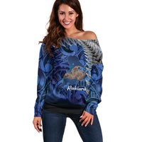 New Zealand Stewart Island Off Shoulder Sweater Rakiura Kiwi Maori Glowing Sky LT14 Women Blue - Polynesian Pride