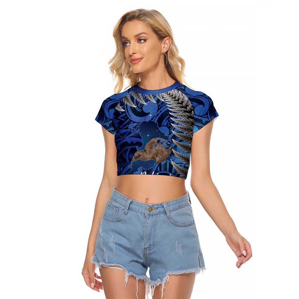 New Zealand Stewart Island Raglan Cropped T Shirt Rakiura Kiwi Maori Glowing Sky LT14 Female Blue - Polynesian Pride