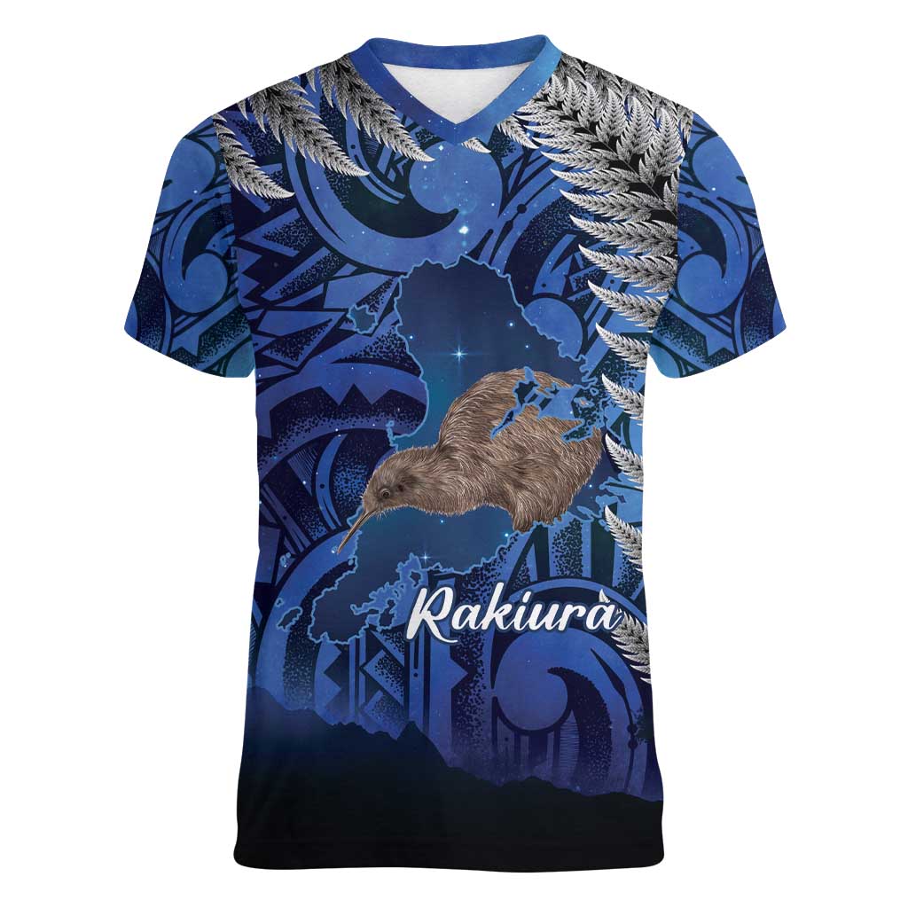 New Zealand Stewart Island Women V-Neck T-Shirt Rakiura Kiwi Maori Glowing Sky LT14 Female Blue - Polynesian Pride