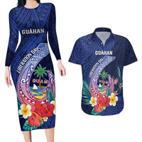 Personalised Guam Liberation Day Couples Matching Long Sleeve Bodycon Dress and Hawaiian Shirt Happy 80th Anniversary Fish Hook Mix Tropical Flowers LT14 Blue - Polynesian Pride
