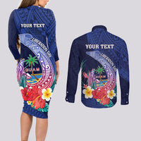 Personalised Guam Liberation Day Couples Matching Long Sleeve Bodycon Dress and Long Sleeve Button Shirt Happy 80th Anniversary Fish Hook Mix Tropical Flowers LT14 - Polynesian Pride