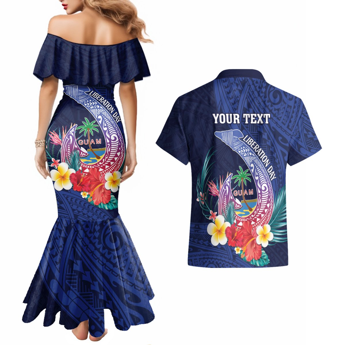 Personalised Guam Liberation Day Couples Matching Mermaid Dress and Hawaiian Shirt Happy 80th Anniversary Fish Hook Mix Tropical Flowers LT14 - Polynesian Pride