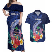 Personalised Guam Liberation Day Couples Matching Off Shoulder Maxi Dress and Hawaiian Shirt Happy 80th Anniversary Fish Hook Mix Tropical Flowers LT14 Blue - Polynesian Pride