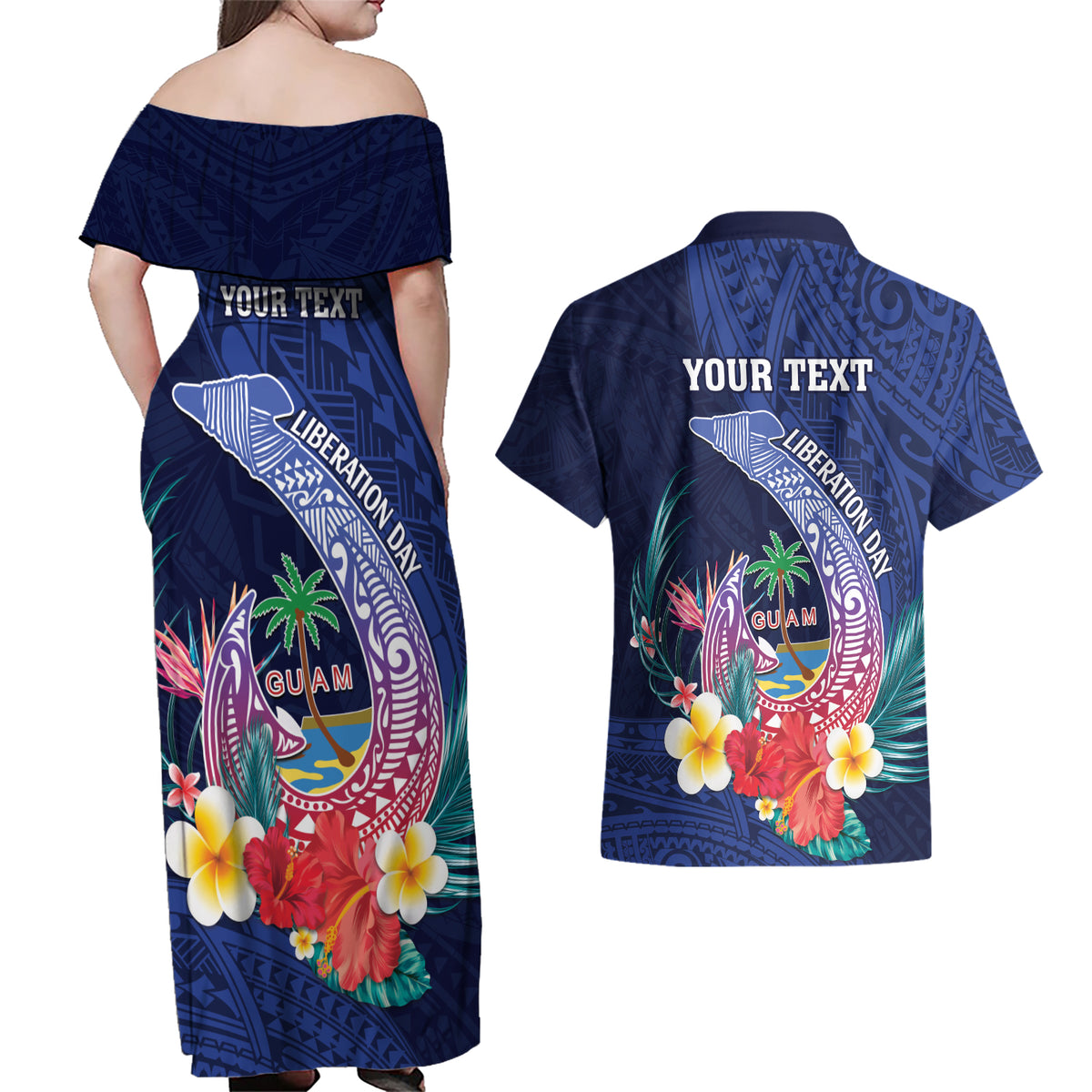 Personalised Guam Liberation Day Couples Matching Off Shoulder Maxi Dress and Hawaiian Shirt Happy 80th Anniversary Fish Hook Mix Tropical Flowers LT14 - Polynesian Pride